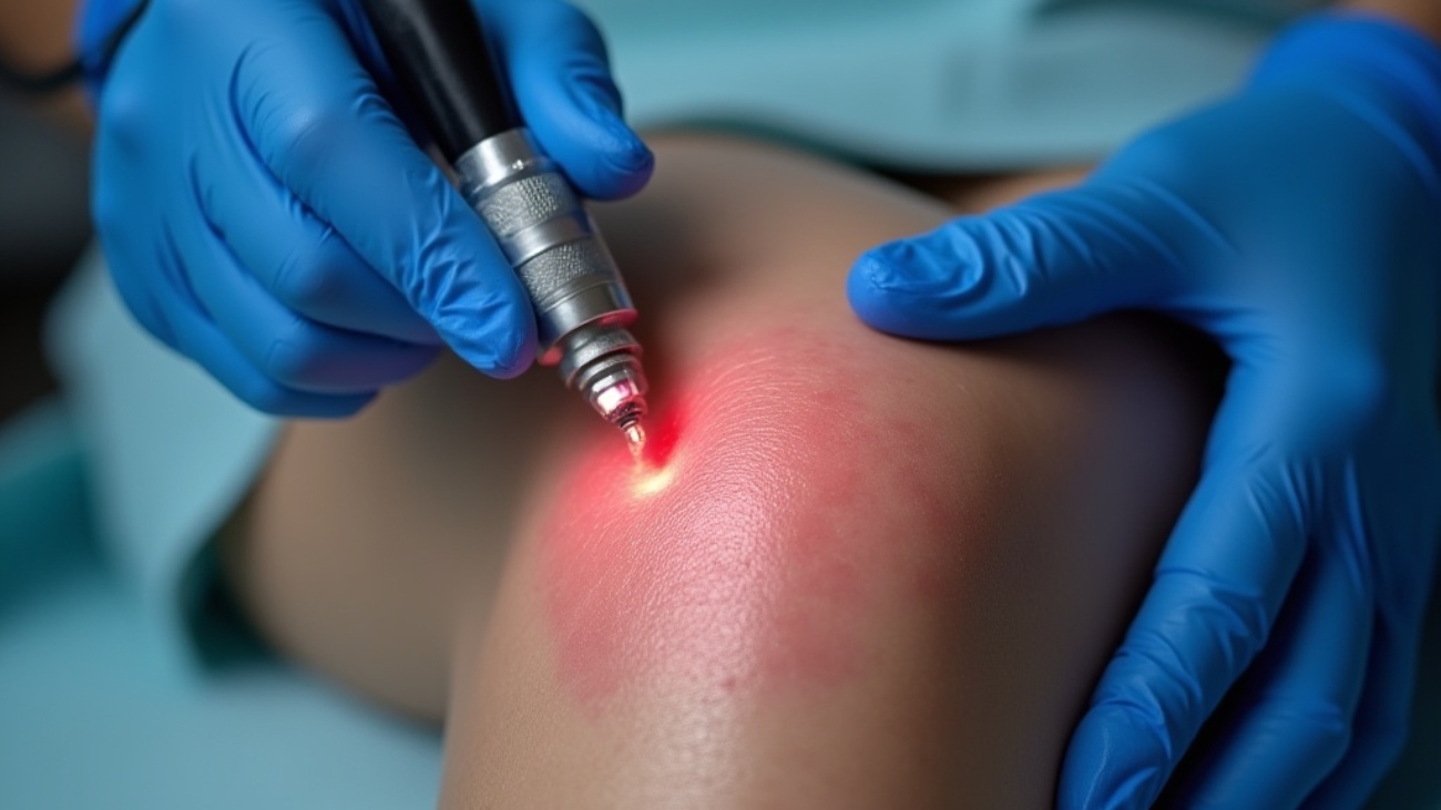 Dermatologist performing laser vein removal on a patient’s leg for spider veins treatment