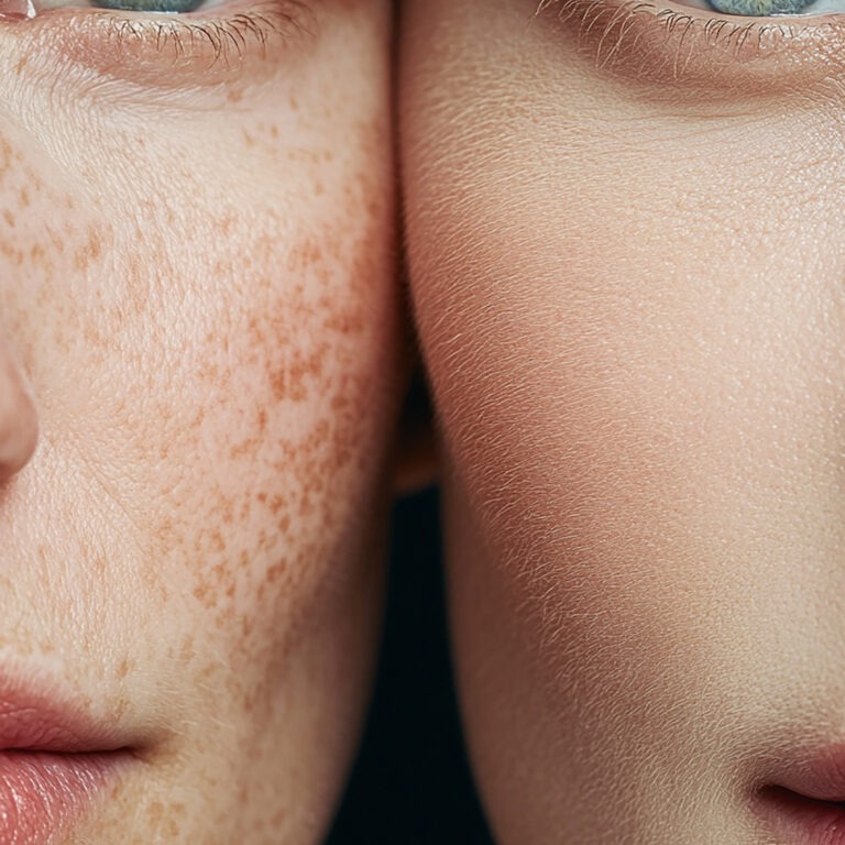 Before and after pigmentation treatment showing visible reduction of dark spots, melasma, and uneven skin tone with advanced laser care in Riyadh.