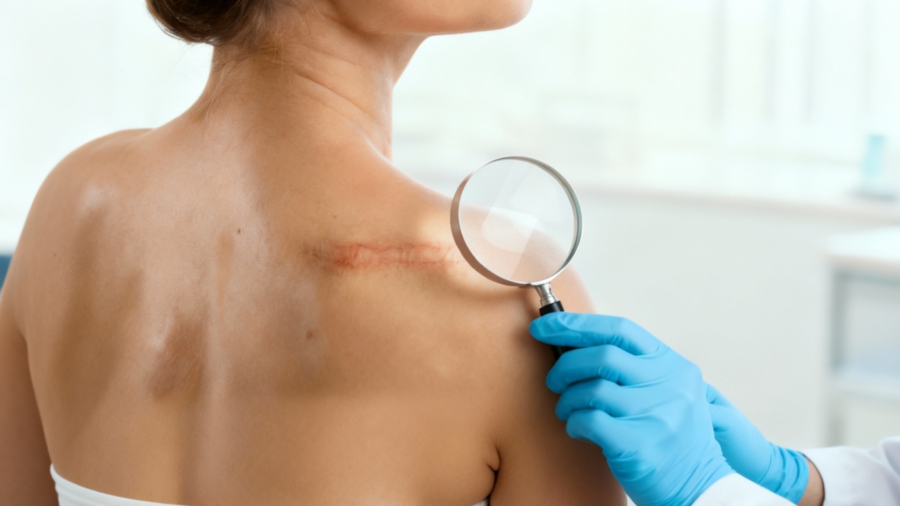 A dermatologist analyzing a post-surgical scar on a patient's shoulder