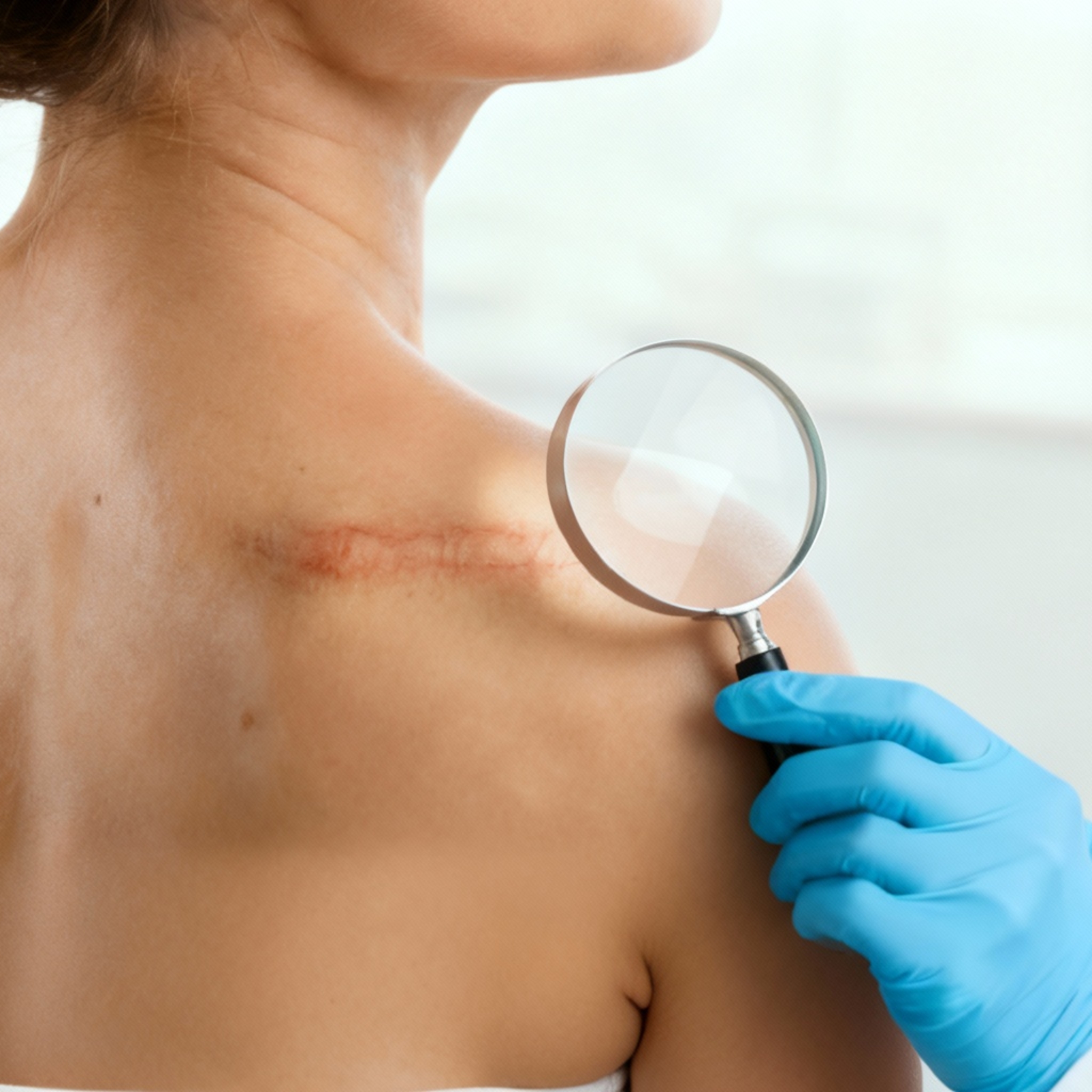 A dermatologist analyzing a post-surgical scar on a patient's shoulder