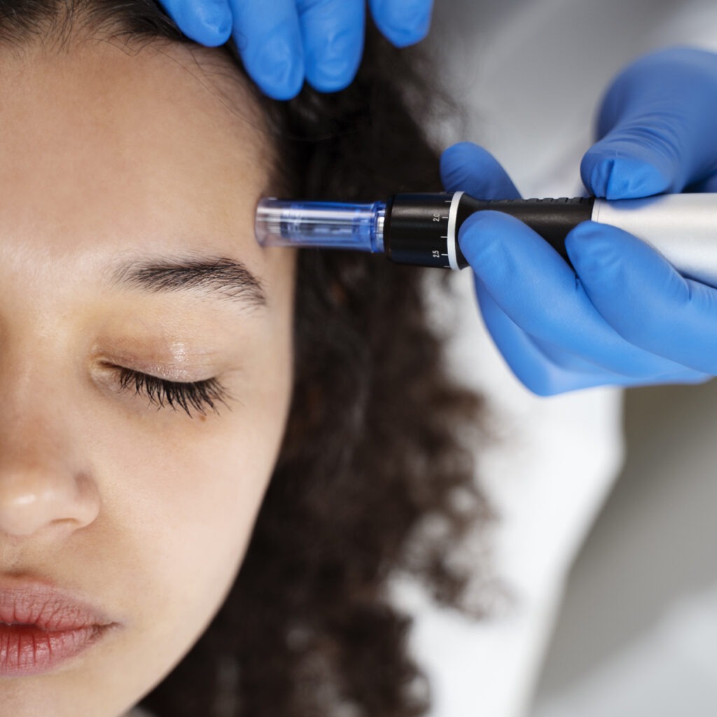 Dermatologist in Riyadh performing microneedling for collagen stimulation and acne scar reduction