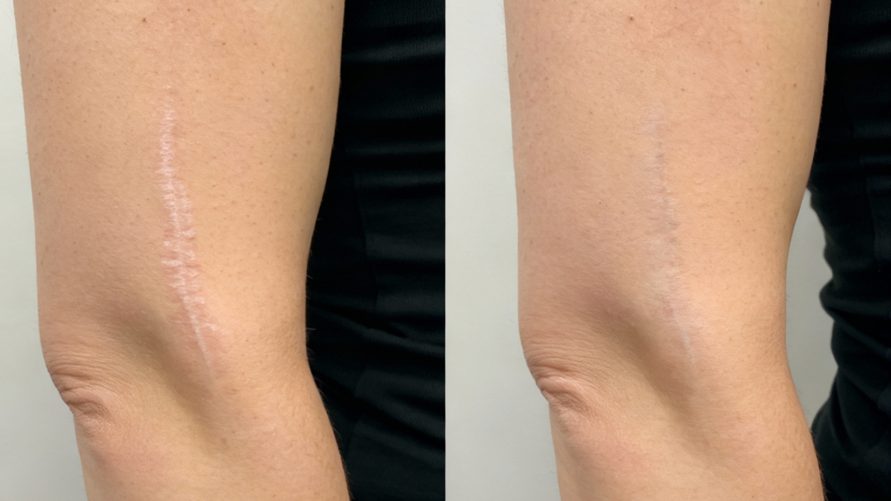 Before and after laser scar revision showing reduced redness and smoother skin