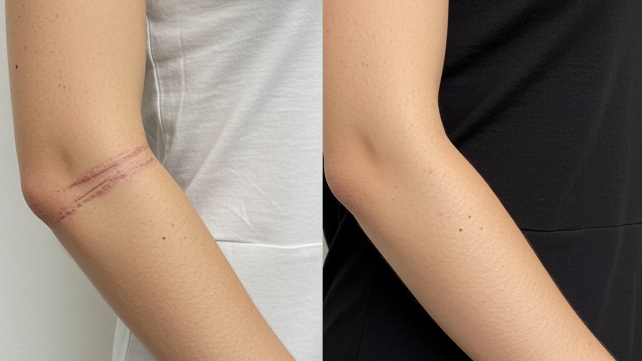 Before and after laser scar revision showing reduced redness and smoother skin