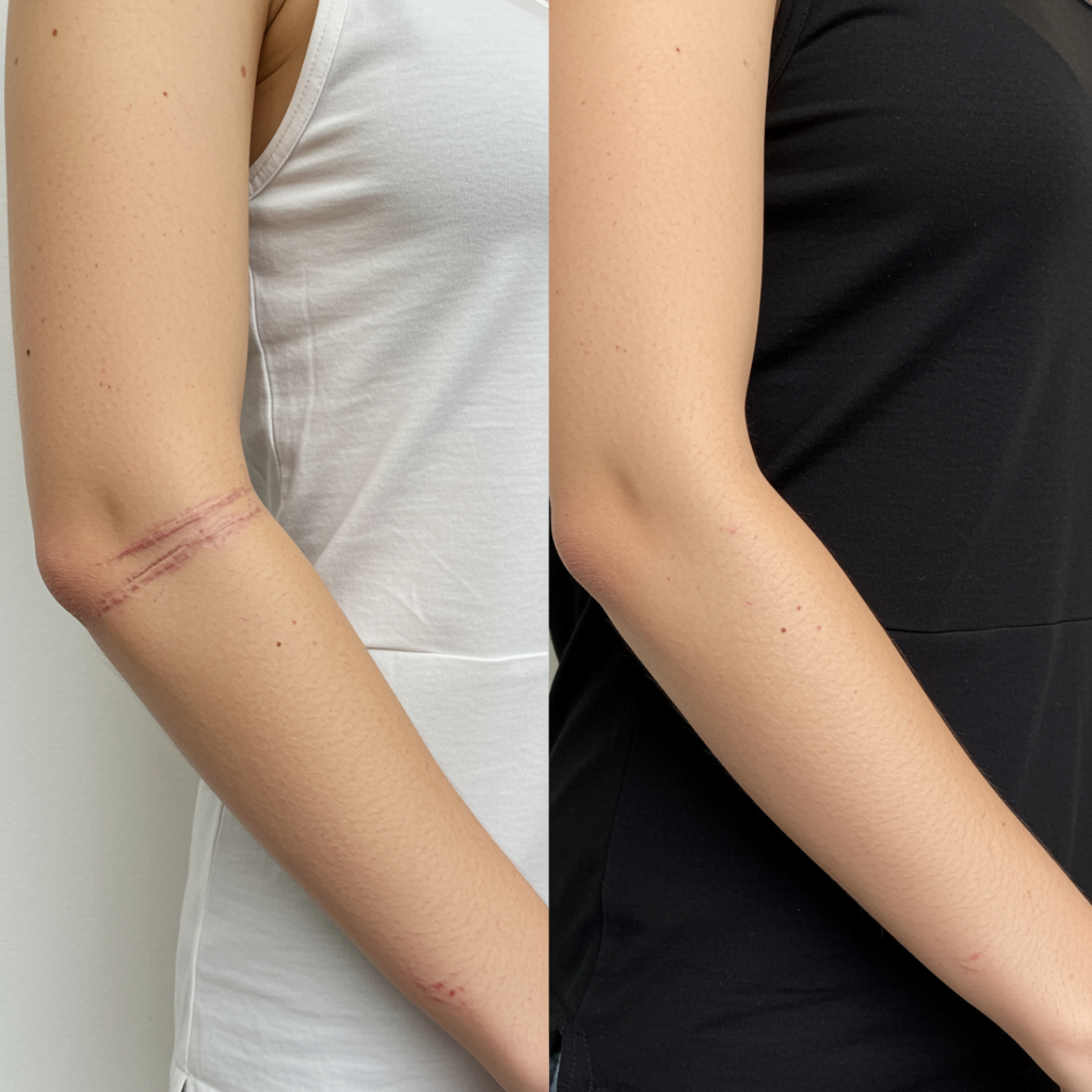 Before and after laser scar revision showing reduced redness and smoother skin