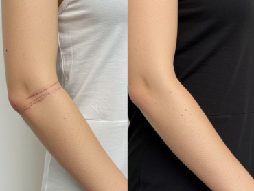 Before and after laser scar revision showing reduced redness and smoother skin