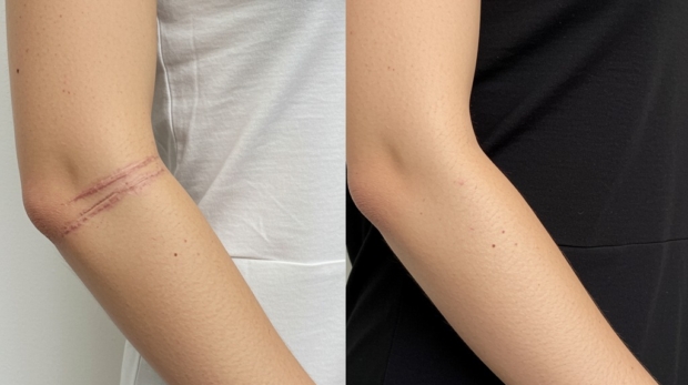 Before and after laser scar revision showing reduced redness and smoother skin