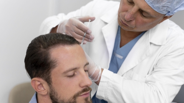 Dermatologist performing PRF hair restoration treatment at Reveal Clinics Riyadh.