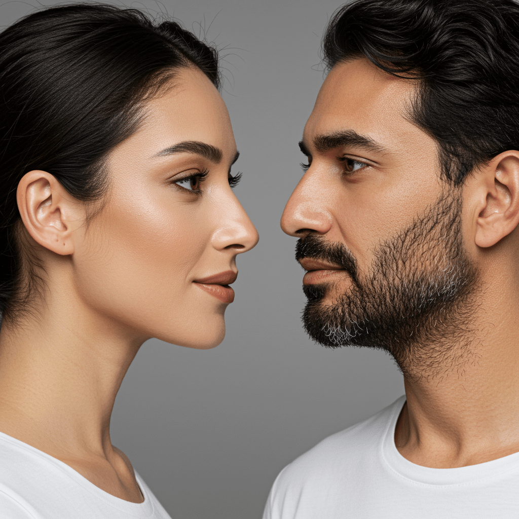 Middle Eastern man and woman with defined jawlines after injectable contouring at Reveal Clinics Riyadh.
