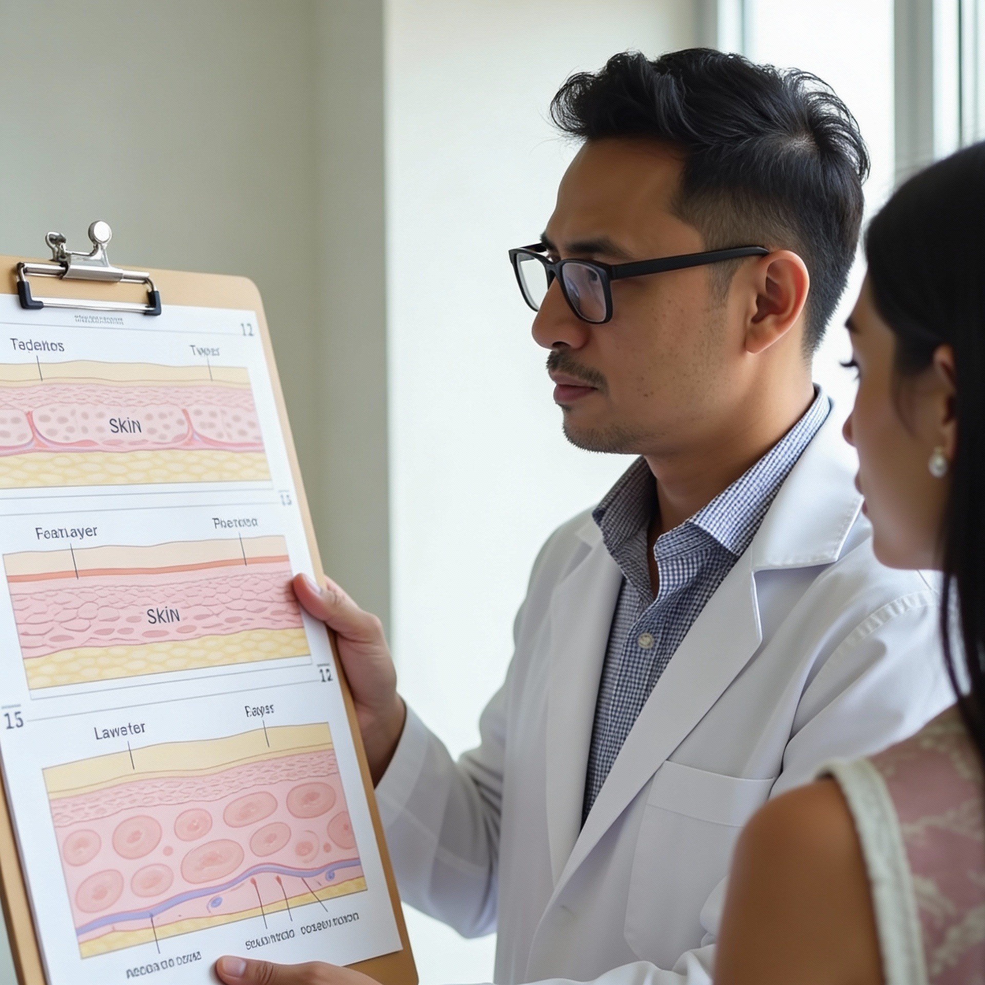 Dermatologist assessing skin before hair removal treatment