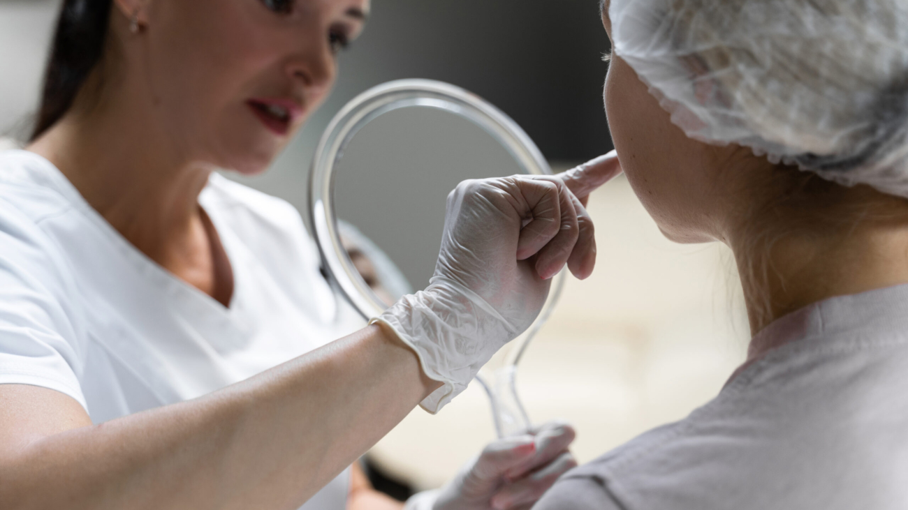 Dermatologist analyzing skin for seasonal routine